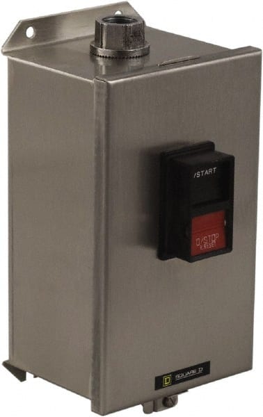 Square D - 3 Poles, 27 Amp, M-1 NEMA, Enclosed Pushbutton Manual Motor Starter - 10 hp at 380 to 575 VAC & 7-1/2 hp at 200 to 230 VAC, CSA, NEMA 4/4X & UL Listed - Exact Tooling