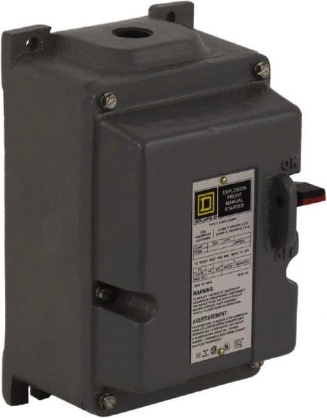 Square D - 3 Poles, 27 Amp, M-1 NEMA, Enclosed Pushbutton Manual Motor Starter - 10 hp at 380 to 575 VAC & 7-1/2 hp at 200 to 230 VAC, CSA, NEMA 7/9 & UL Listed - Exact Tooling