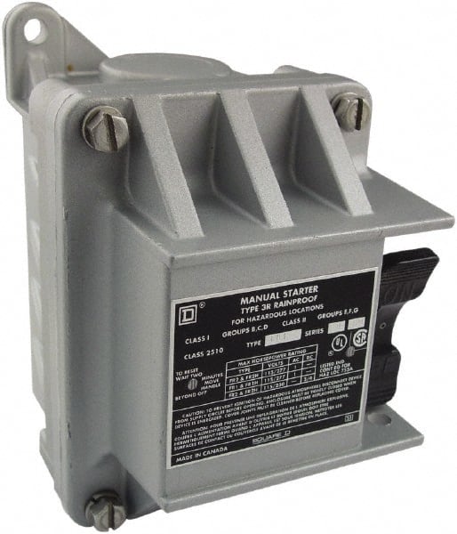Square D - 1 Pole, 16 Amp, NEMA, Enclosed Toggle Manual Motor Starter - 1 hp at 115 VAC, 1 hp at 230 VAC, 1 hp at 277 VAC, CE, CSA, NEMA 3R/7/9 & UL Listed - Exact Tooling