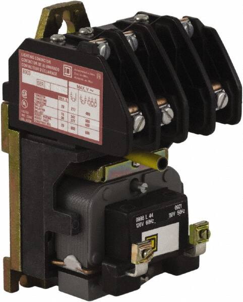 Square D - No Enclosure, 3 Pole, Electrically Held Lighting Contactor - 20 A (Tungsten), 30 A (Fluorescent), 110 VAC at 50 Hz, 120 VAC at 60 Hz, 3NO Contact Configuration - Exact Tooling
