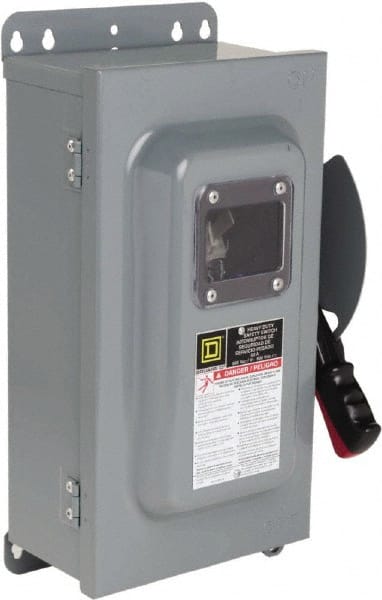 Square D - 60 Amp, 600 VAC, 600 VDC, 3 Pole Fused Safety Switch - NEMA 12 & 3R, 20 hp at 480 VDC (Single Phase), 50 hp at 600 VAC, 30 hp at 600 VDC (Triple Phase) - Exact Tooling
