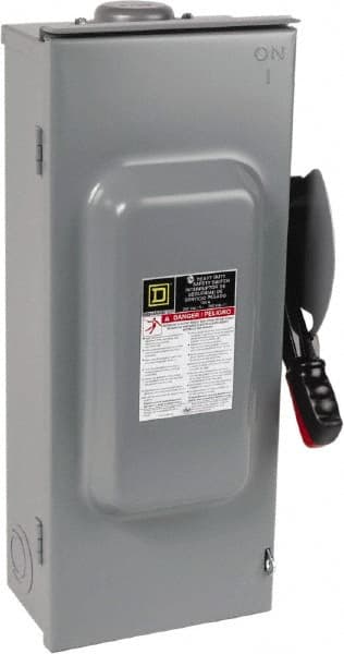Square D - 100 Amp, 240 VAC, 250 VDC, 3 Pole Fused Safety Switch - NEMA 3R, 15 hp at 240 VAC, 20 hp at 250 VDC (Single Phase), 30 hp at 240 Vac, 20 hp at 250 VDC (Triple Phase), 3PST Contact Form - Exact Tooling