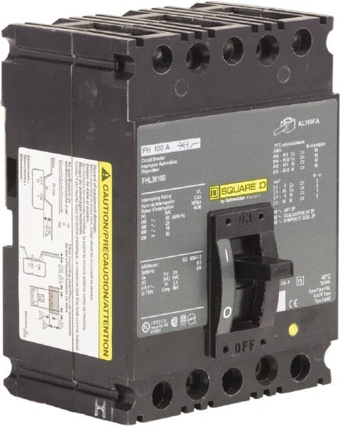 Square D - 100 Amp, 250 VDC, 600 VAC, 3 Pole, Panel Mount Molded Case Circuit Breaker - Thermal Magnetic Trip, 18 kA Breaking Capacity, 12-1/0 (Aluminum), 14-1/0 (Copper) AWG, 4.13 Inch Deep x 6 Inch High x 4-1/2 Inch Long - Exact Tooling