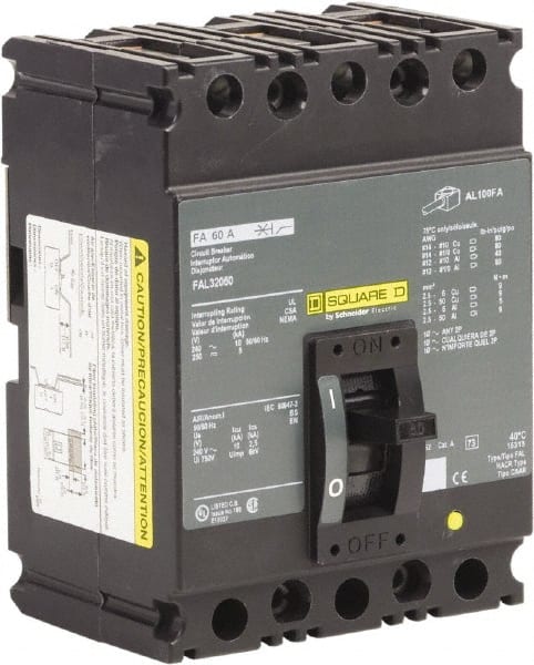 Square D - 60 Amp, 240 VAC, 3 Pole, Panel Mount Molded Case Circuit Breaker - Thermal Magnetic Trip, Multiple Breaking Capacity Ratings, 12-1/0 (Aluminum), 14-1/0 (Copper) AWG, 4.13 Inch Deep x 6 Inch High x 4-1/2 Inch Long - Exact Tooling