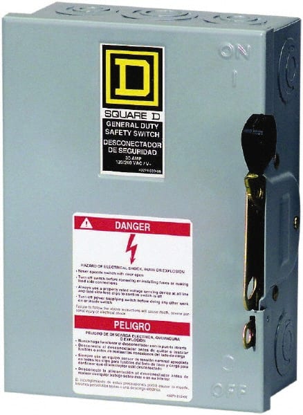 Square D - 30 Amp, 240 V, 2 Pole Fused Safety Switch - NEMA 1, 3 hp at 240 VAC (Single Phase), 7.5 hp at 240 VAC (Triple Phase), DPST Contact Form - Exact Tooling