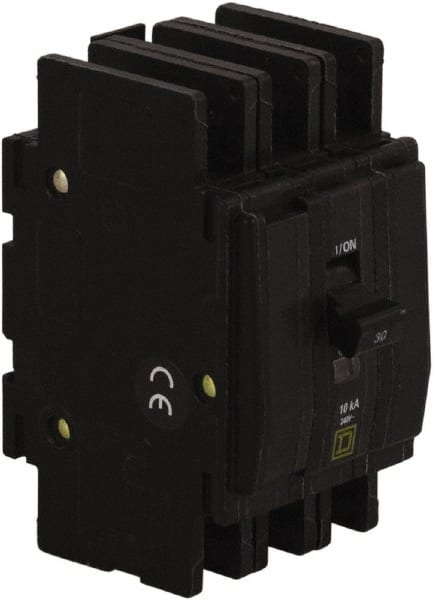 Square D - 50 Amp, 240 VAC, 3 Pole, DIN Rail Mounted, Flush Mount, Surface Mount Miniature Circuit Breaker - Thermal Magnetic Trip, 10 kA at 120/240 VAC Breaking Capacity, 14-2 (Aluminum), 14-2 (Copper) AWG, 74mm Deep x 103mm High x 19mm Wide - Exact Tooling