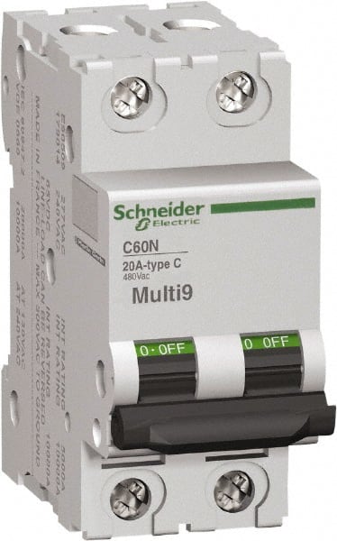 Schneider Electric - 2 Amp, 480Y/277 V, 2 Pole, DIN Rail Mount Miniature Circuit Breaker - Thermal Magnetic Trip, 14-4 AWG, 3 Inch Deep x 3.19 Inch High x 1.42 Inch Wide - Exact Tooling