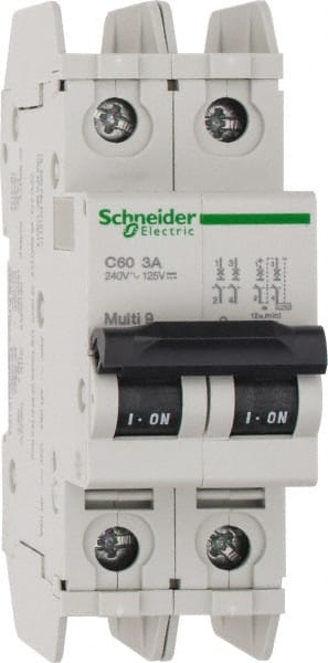 Schneider Electric - 3 Amp, 125 VDC, 240 VAC, 60 VDC, 1 Pole, DIN Rail Mount, Fixed Mount Miniature Circuit Breaker - Thermal Magnetic Trip, Multiple Breaking Capacity Ratings, 73mm Deep x 107mm High x 36mm Wide - Exact Tooling