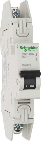 Schneider Electric - 15 Amp, 125 VDC, 240 VAC, 60 VDC, 1 Pole, DIN Rail Mount, Fixed Mount Miniature Circuit Breaker - Thermal Magnetic Trip, Multiple Breaking Capacity Ratings, 73mm Deep x 123mm High x 18mm Wide - Exact Tooling