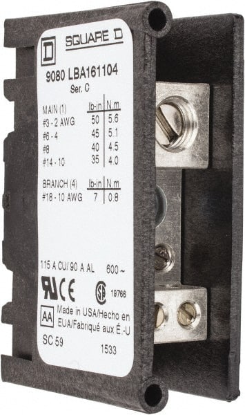 Square D - 1 Pole, 115 (Copper), 90 (Aluminium) Amp, Thermoplastic Power Distribution Block - 600 VAC, 1 Primary Connection - Exact Tooling
