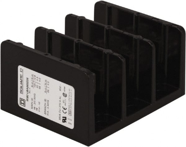 Square D - 3 Poles, 270 (Aluminium), 350 (Copper) Amp, Phenolic Power Distribution Block - 600 VAC, 2 Primary Connection - Exact Tooling