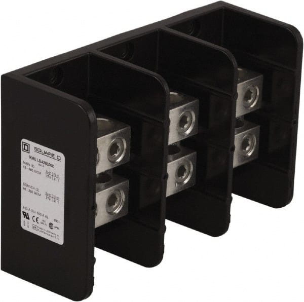 Square D - 3 Poles, 500 (Aluminium), 620 (Copper) Amp, Phenolic Power Distribution Block - 600 VAC, 2 Primary Connection - Exact Tooling
