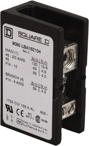 Square D - 1 Pole, 175 (Copper) Amp, Phenolic Power Distribution Block - 600 VAC, 1 Primary Connection - Exact Tooling