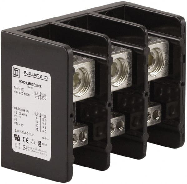 Square D - 3 Poles, 380 (Copper) Amp, Phenolic Power Distribution Block - 600 VAC, 1 Primary Connection - Exact Tooling