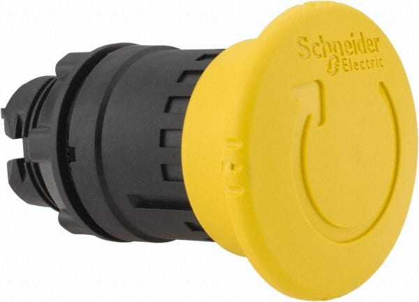 Schneider Electric - 22mm Mount Hole, Extended Mushroom Head, Pushbutton Switch Only - Round, Yellow Pushbutton, Nonilluminated, Maintained (MA) - Exact Tooling