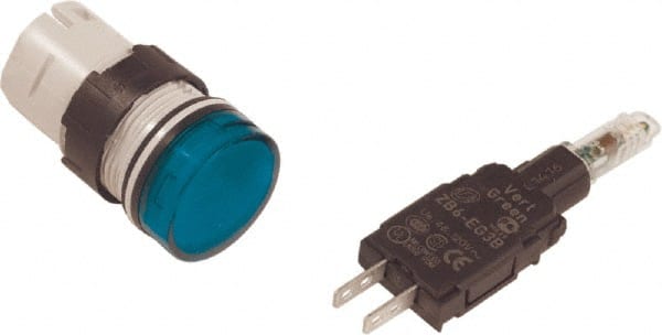 Schneider Electric - 48-120 VAC/VDC Green Lens LED Pilot Light - Round Lens, Quick Connect Connector, 18mm Wide, Vibration Resistant - Exact Tooling