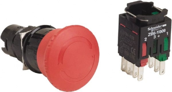 Schneider Electric - 16mm Mount Hole, Extended Mushroom Head, Pushbutton Switch with Contact Block - Round, Red Pushbutton, Maintained (MA), Momentary (MO) - Exact Tooling
