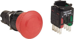 Schneider Electric - 16mm Mount Hole, Extended Mushroom Head, Pushbutton Switch with Contact Block - Round, Red Pushbutton, Maintained (MA), Momentary (MO) - Exact Tooling