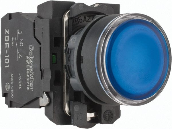 Schneider Electric - 22mm Mount Hole, Flush, Pushbutton Switch with Contact Block - Round, Blue Pushbutton, Illuminated, Momentary (MO) - Exact Tooling