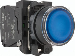 Schneider Electric - 22mm Mount Hole, Flush, Pushbutton Switch with Contact Block - Round, Blue Pushbutton, Illuminated, Momentary (MO) - Exact Tooling