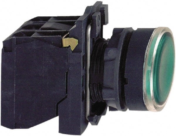 Schneider Electric - 22mm Mount Hole, Flush, Pushbutton Switch with Contact Block - Round, Green Pushbutton, Illuminated, Momentary (MO) - Exact Tooling