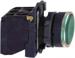 Schneider Electric - 22mm Mount Hole, Flush, Pushbutton Switch with Contact Block - Round, Green Pushbutton, Illuminated, Momentary (MO) - Exact Tooling