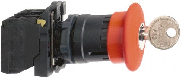 Schneider Electric - 22mm Mount Hole, Extended Mushroom Head, Pushbutton Switch with Contact Block - Round, Red Pushbutton, Maintained (MA), Momentary (MO) - Exact Tooling