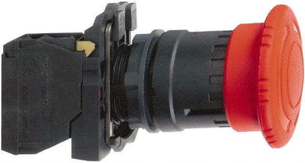 Schneider Electric - 22mm Mount Hole, Extended Mushroom Head, Pushbutton Switch with Contact Block - Round, Red Pushbutton, Maintained (MA), Momentary (MO) - Exact Tooling