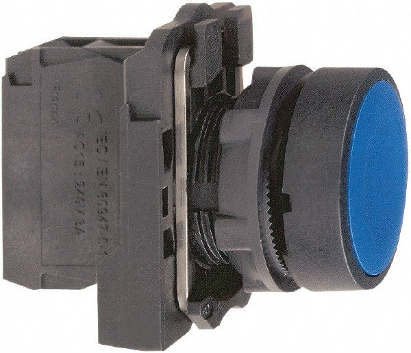 Schneider Electric - 22mm Mount Hole, Flush, Pushbutton Switch with Contact Block - Round, Blue Pushbutton, Momentary (MO) - Exact Tooling