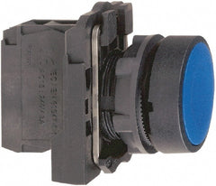 Schneider Electric - 22mm Mount Hole, Flush, Pushbutton Switch with Contact Block - Round, Blue Pushbutton, Momentary (MO) - Exact Tooling