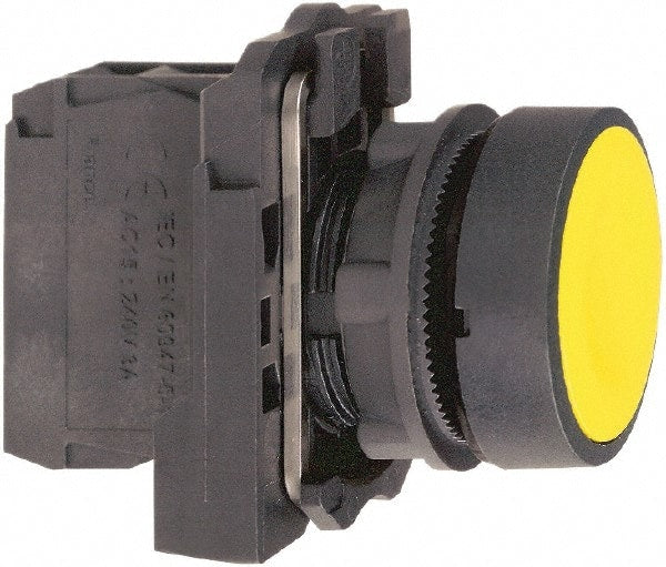 Schneider Electric - 22mm Mount Hole, Flush, Pushbutton Switch with Contact Block - Round, Yellow Pushbutton, Momentary (MO) - Exact Tooling
