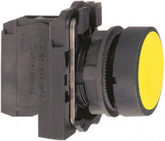 Schneider Electric - 22mm Mount Hole, Flush, Pushbutton Switch with Contact Block - Round, Yellow Pushbutton, Momentary (MO) - Exact Tooling