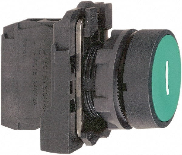 Schneider Electric - 22mm Mount Hole, Flush, Pushbutton Switch with Contact Block - Round, Green Pushbutton, Momentary (MO) - Exact Tooling