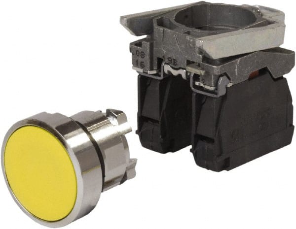 Schneider Electric - 0.87 Inch Mount Hole, Pushbutton Switch with Contact Block - Round, Yellow Pushbutton, Nonilluminated, Momentary (MO), Anticorrosive, Dust Resistant and Vaportight - Exact Tooling