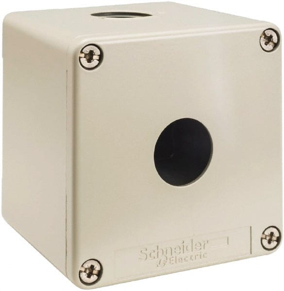 Schneider Electric - 1 Hole, 1.58 Inch Hole Diameter, Zinc Alloy Pushbutton Switch Enclosure - 3.15 Inch High x 3.15 Inch Wide x 3.03 Inch Deep, 4, 13 NEMA Rated - Exact Tooling