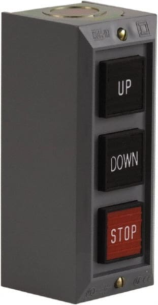 Schneider Electric - 3 Operator, Projecting Pushbutton Control Station - Down, Stop, Up (Legend), Momentary Switch, 2NO/3NC Contact, NEMA 1 - Exact Tooling