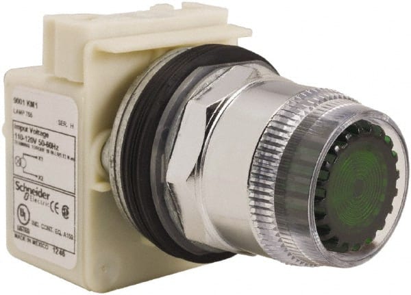 Schneider Electric - 30mm Mount Hole, Extended Straight, Pushbutton Switch Only - Round, Green Pushbutton, Momentary (MO), Weatherproof, Dust and Oil Resistant - Exact Tooling