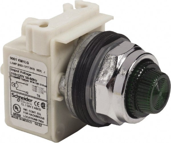 Schneider Electric - 120 VAC Green Lens LED Pilot Light - Round Lens, Screw Clamp Connector - Exact Tooling