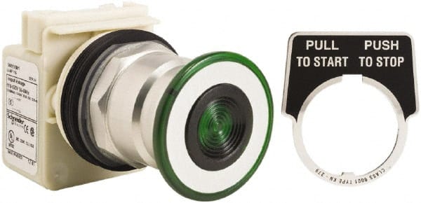 Schneider Electric - 1.18 Inch Mount Hole, Extended Straight, Pushbutton Switch Only - Round, Green Pushbutton, Illuminated, Maintained (MA), Momentary (MO), Weatherproof, Dust and Oil Resistant - Exact Tooling