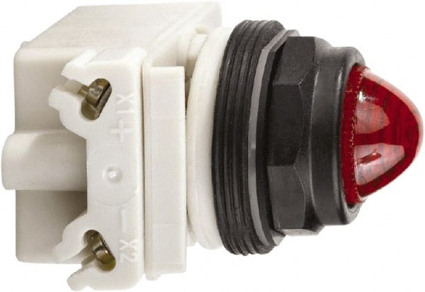 Schneider Electric - 120 VAC/VDC Red Lens LED Pilot Light - Round Lens, Screw Clamp Connector, 54mm OAL x 42mm Wide, Vibration Resistant - Exact Tooling