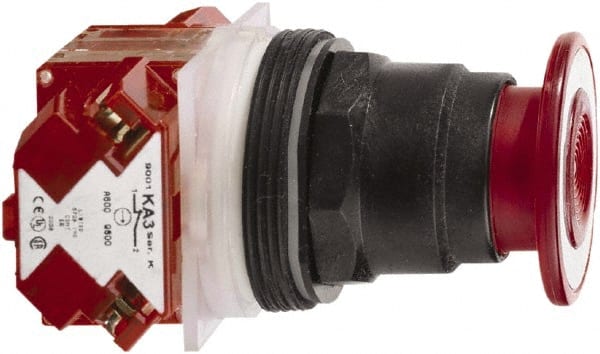 Schneider Electric - 30mm Mount Hole, Extended Mushroom Head, Pushbutton Switch with Contact Block - Round, Red Pushbutton, Maintained (MA) - Exact Tooling