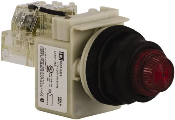 Schneider Electric - 110 VAC at 50/60 Hz via Transformer, 120 VAC at 50/60 Hz via Transformer Red Lens Press-to-Test Indicating Light - Round Lens, Screw Clamp Connector, Corrosion Resistant, Dust Resistant, Oil Resistant - Exact Tooling