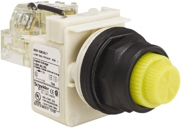 Schneider Electric - 120 V Yellow Lens LED Press-to-Test Indicating Light - Round Lens, Screw Clamp Connector, Corrosion Resistant, Dust Resistant, Oil Resistant - Exact Tooling