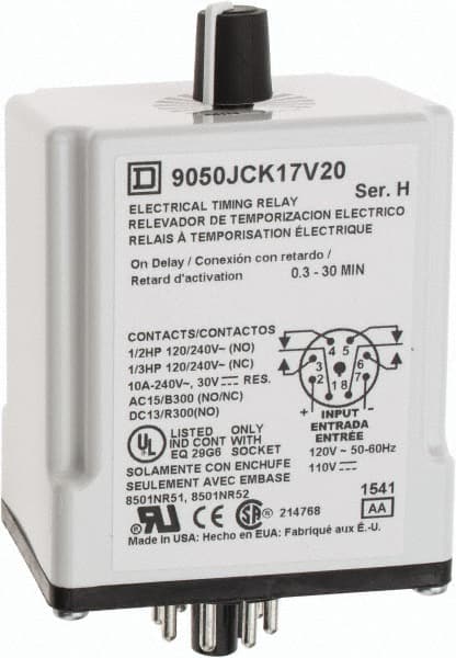 Square D - 0.3 to 30 min Delay, DPDT Time Delay Relay - 10 Contact Amp, 110 VDC & 120 VAC - Exact Tooling