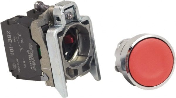 Schneider Electric - 22mm Mount Hole, Pushbutton Switch with Contact Block - Round, Red Pushbutton, Nonilluminated, Momentary (MO), Anticorrosive, Dust Resistant and Vaportight - Exact Tooling