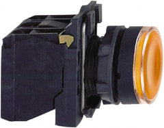 Schneider Electric - 22mm Mount Hole, Flush, Pushbutton Switch with Contact Block - Round, Orange Pushbutton, Illuminated, Momentary (MO) - Exact Tooling