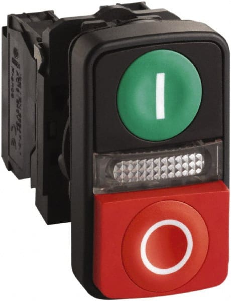 Schneider Electric - 22mm Mount Hole, Extended Straight, Flush, Pushbutton Switch Only - Rectangle, Green and Red Pushbutton, Illuminated, Momentary (MO), On-Off, Shock and Vibration Resistant - Exact Tooling
