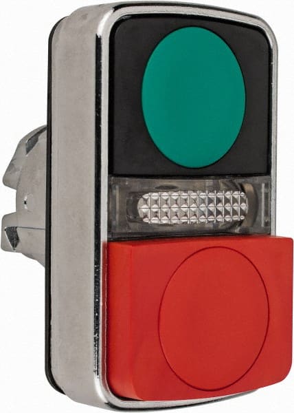 Schneider Electric - 22mm Mount Hole, Extended Straight, Flush, Pushbutton Switch Only - Rectangle, Green and Red Pushbutton, Illuminated, Momentary (MO), On-Off, Shock and Vibration Resistant - Exact Tooling