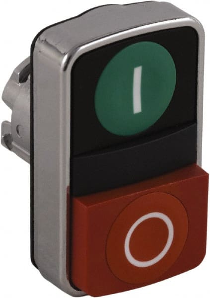 Schneider Electric - 22mm Mount Hole, Extended Straight, Flush, Pushbutton Switch Only - Rectangle, Green and Red Pushbutton, Nonilluminated, Momentary (MO), On-Off, Shock and Vibration Resistant - Exact Tooling