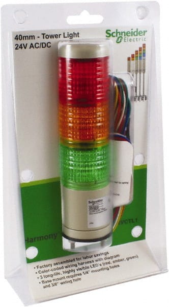 Schneider Electric - LED Lamp, Green, Red and Amber, Steady, Preassembled Stackable Tower Light Module Unit - 24 VAC/VDC, 75 Milliamp, Base Mount - Exact Tooling